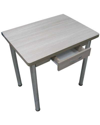 Кухонный стол Ломберный поворотно-раскладной с ящиком 800х600/1200 ЛДСП ясень шимо светлый, ноги: металл (хром)
