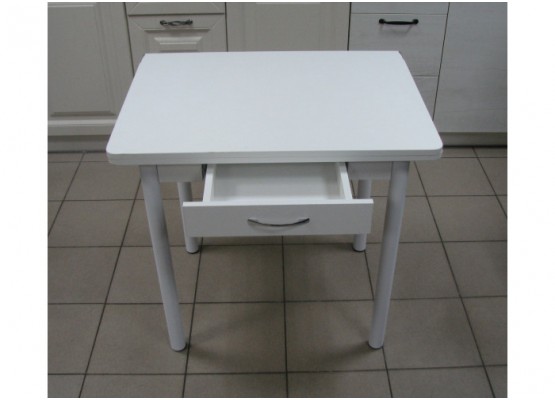 Кухонный стол Ломберный поворотно-раскладной с ящиком 800х600/1200 ЛДСП белый, ноги: металл (белый), ФОРТ