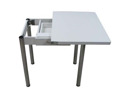 Кухонный стол Ломберный поворотно-раскладной с ящиком 800х600/1200 ЛДСП белый, ноги: металл (хром), ФОРТ