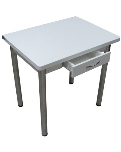 Кухонный стол Ломберный поворотно-раскладной с ящиком 800х600/1200 ЛДСП белый, ноги: металл (хром)