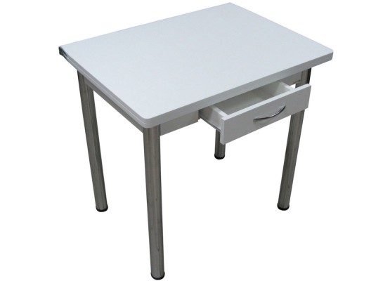 Кухонный стол Ломберный поворотно-раскладной с ящиком 800х600/1200 ЛДСП белый, ноги: металл (хром), ФОРТ