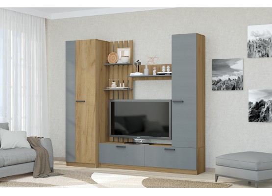 Гостиная "Юджи" Крафт золотой/Графит 2300х470х2100, Зарон