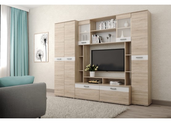 Гостиная "Белла" Дуб сонома/Белый глянец 2520х480х2052, Зарон