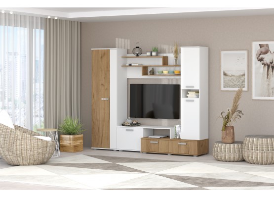 Гостиная "Юна" Белый текстурный/Дуб крафт золотой 2200х480х1870, Зарон